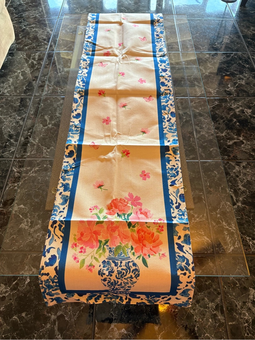 Floral NWT Table Runner Colorful Pink, Tan/ Blue. Size 13”x 108”